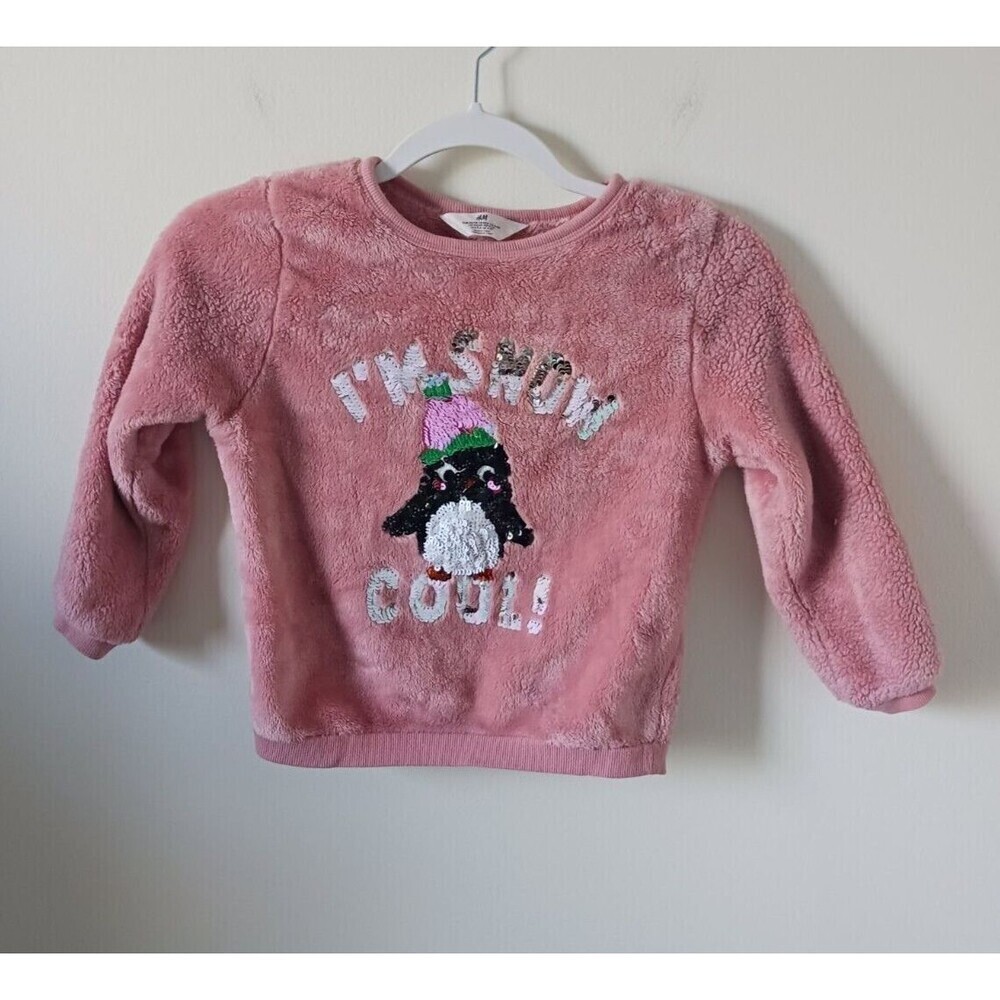 H&M Girls Fleece‎ Sweatshirt I’m Snow Cool Sequin Fuzzy Flip Penguin Pink 5T/6
